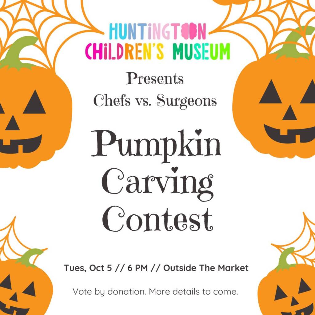 Event flyer with spider webs and 4 pumpkins describing pumpkin carving event