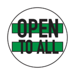 Open to All Logo - text in black over a dark green equal sign