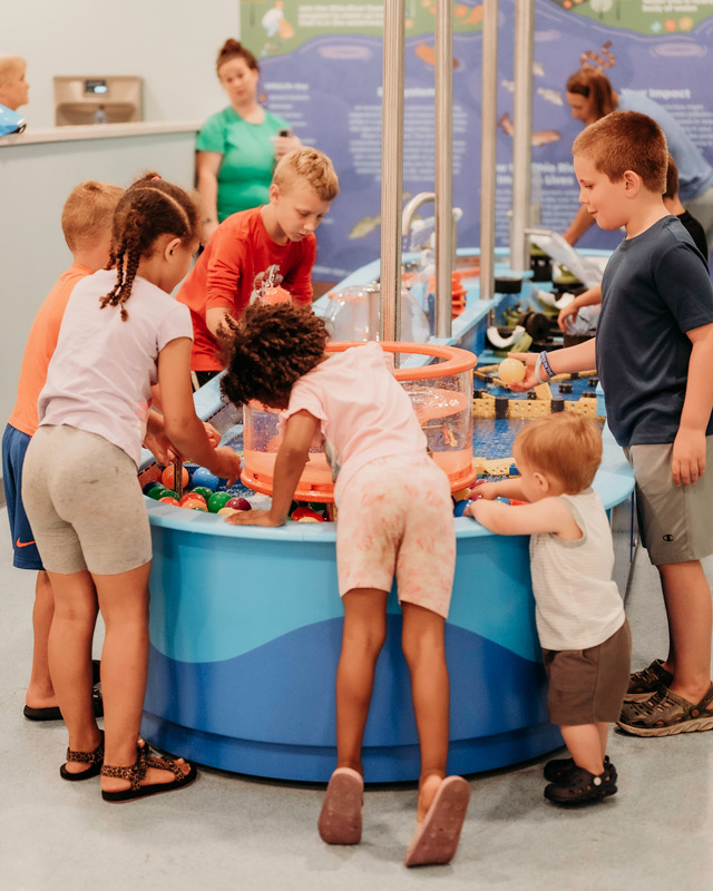Children on a field trip play at the water table at the Huntington Children's Museum